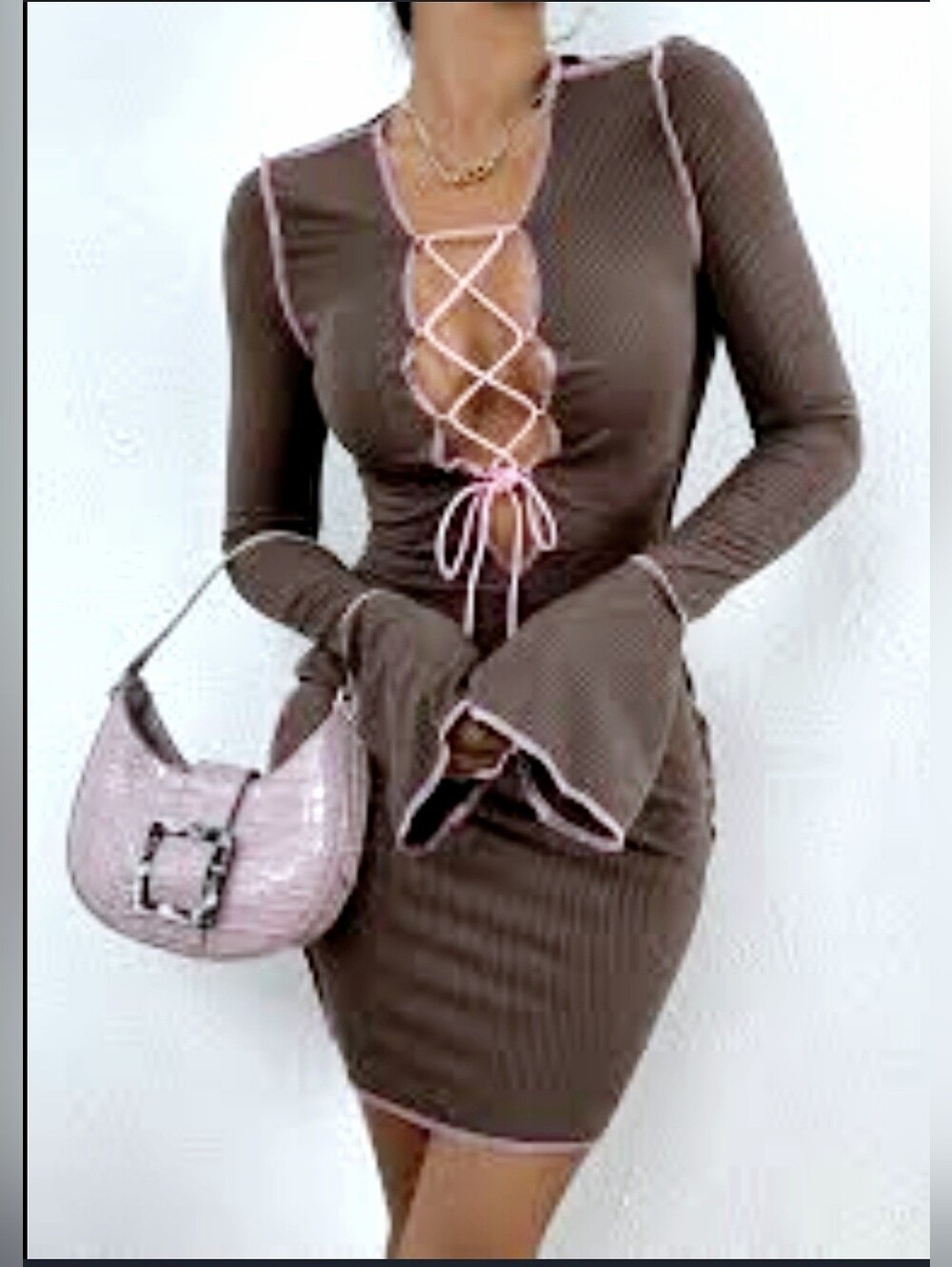 Y2K Inspired Made in USA Ribbed Bodycon Lace Up Front Trumpet Sleeve Tan Dress M